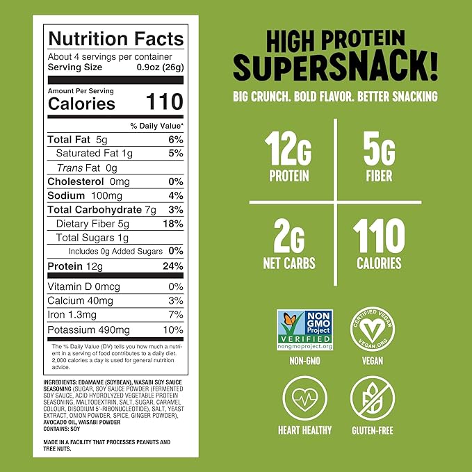 The Only Bean Crunchy Roasted Edamame Snacks (Wasabi Soy Sauce), Healthy High Protein Snacks, Low Carb, Keto Friendly, Gluten Free, Vegan, Lunch, Office, Adults and Kids, 0.9 Ounce (Pack of 10)