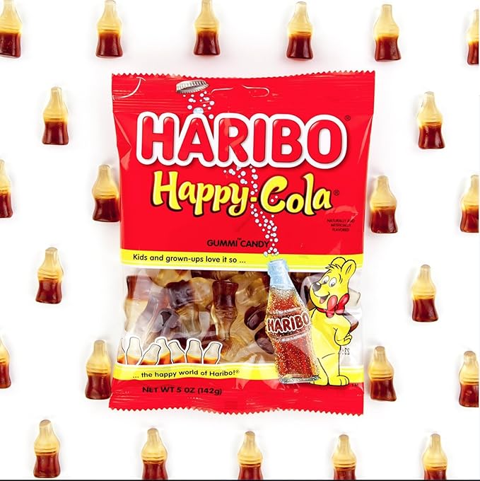 HARIBO Gummi Candy, Happy-Cola Gummy Candy Soda Bottles, 5 Ounce Share Size Bags (Pack of 12) Delicious Soft & Chewy Sweet Snacks, Classic Cola Flavor