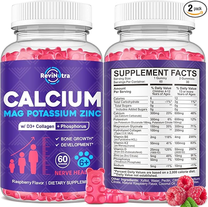 Calcium Potassium Magnesium Gummies for Kids & Adults, with Hydrolyzed Collagen, Zinc, Phosphorus, Multivitamin for Sleep, Bone Strength, Density Support, Sugar Free,Raspberry 2 Pack