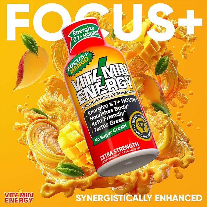 Vitamin Energy Focus+ Extra Strength Energy Shot Mango 24 Pack, 260mg Natural Caffeine, B-Vitamins, CoQ10, Amino Acids, Focus, Productivity & Clarity, Zero Sugar, Gluten-Free, 1.93 fl oz