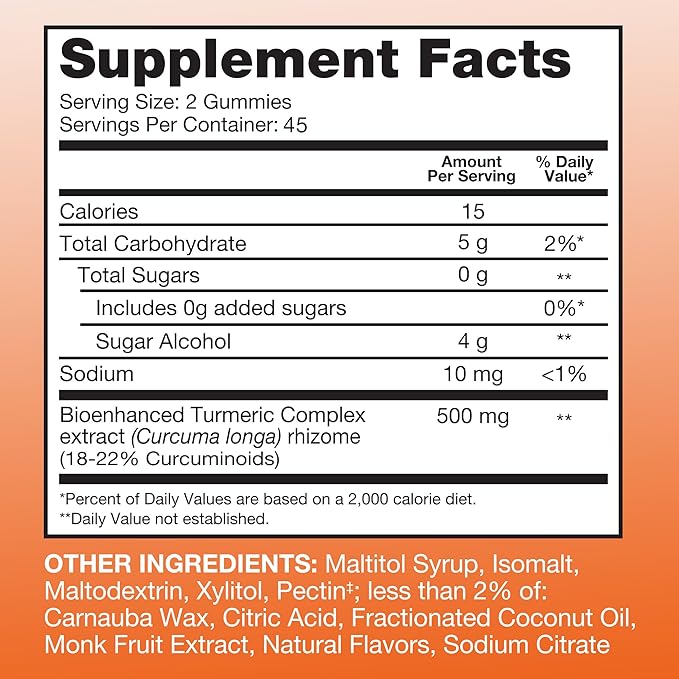 Qunol Zero Sugar Turmeric Gummies, Gummy with 500mg Turmeric Curcumin, Joint Support Supplement, Ultra High Absorption Turmeric Curcumin, Vegetarian, Gluten Free, 90 Count