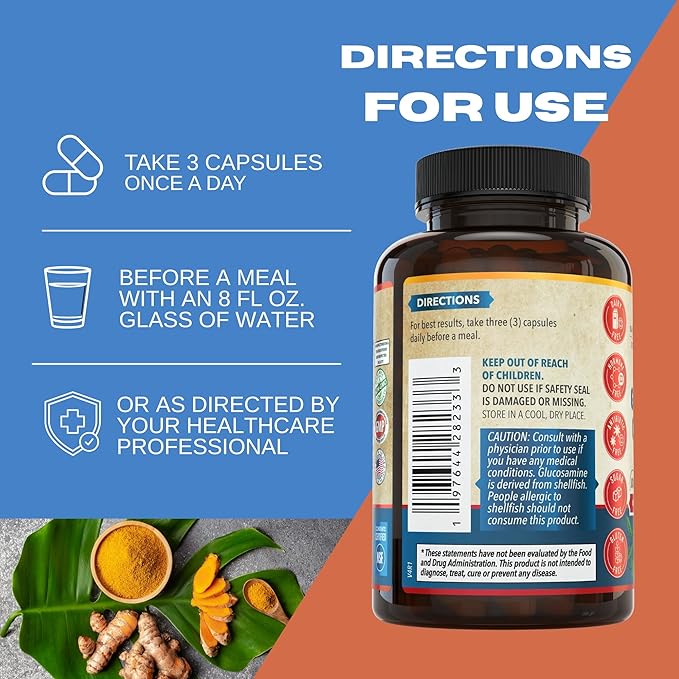 Joint Support Supplement with Glucosamine Chondroitin MSM Turmeric Boswelia. Supports Inflammatory Response, Discomfort Relief for Knees Hands Back Joints. USA Made.