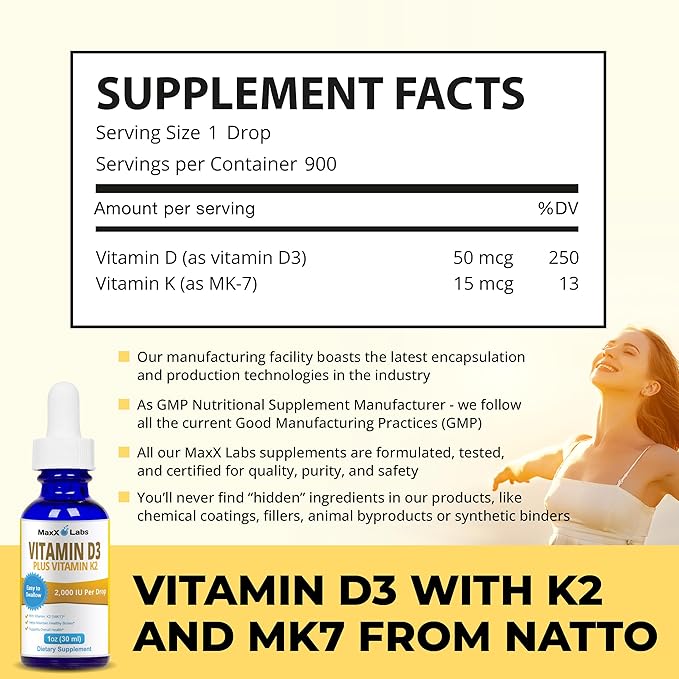 Vitamin D3 K2 Liquid Drops - Liquid Vitamin-D3 2000 IU Per Drop with K2 Supplements for Adults & Kids - Vitamin D K2 MK7 for Healthy Bones, Heart & Immune - 1 Oz Dropper + 900 Days Supply