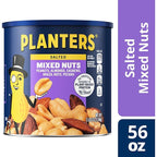 PLANTERS Salted MixedNuts, Peanuts, Almonds, Cashews,BrazilNuts and Pecans, PartySnack, Plant-Based Protein, Quick Snackfor Adults, After SchoolSnack, Bulk Nuts, Kosher,56oz Canister (Pack of 2)