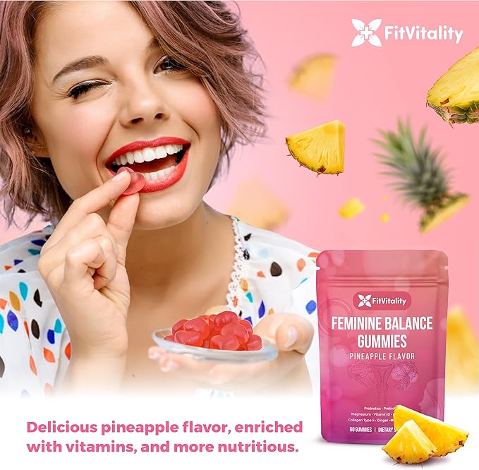 Premium 60 Feminine Balance Gummies – Probiotics, Collagen Type II, Chasteberry, Vitamin D & Magnesium – Gluten-Free, Natural Pineapple Flavor, Vegan