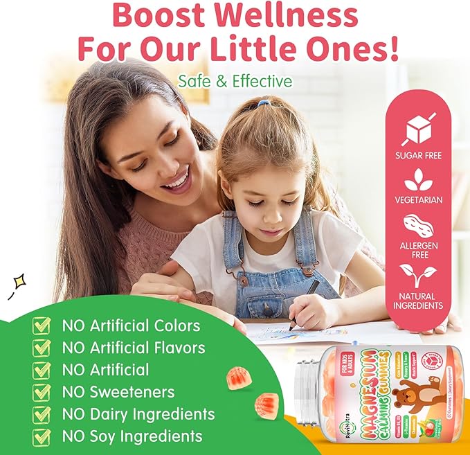 Magnesium Gummies for Kids - Magnesium Glycinate Gummies with L-Theanine, Vitamin B6, D3 for Kids & Adults Sleep, Calm, Relaxation, Brain, Bones, Muscle Relief, Sugar Free Banana & Strawberry 60ct