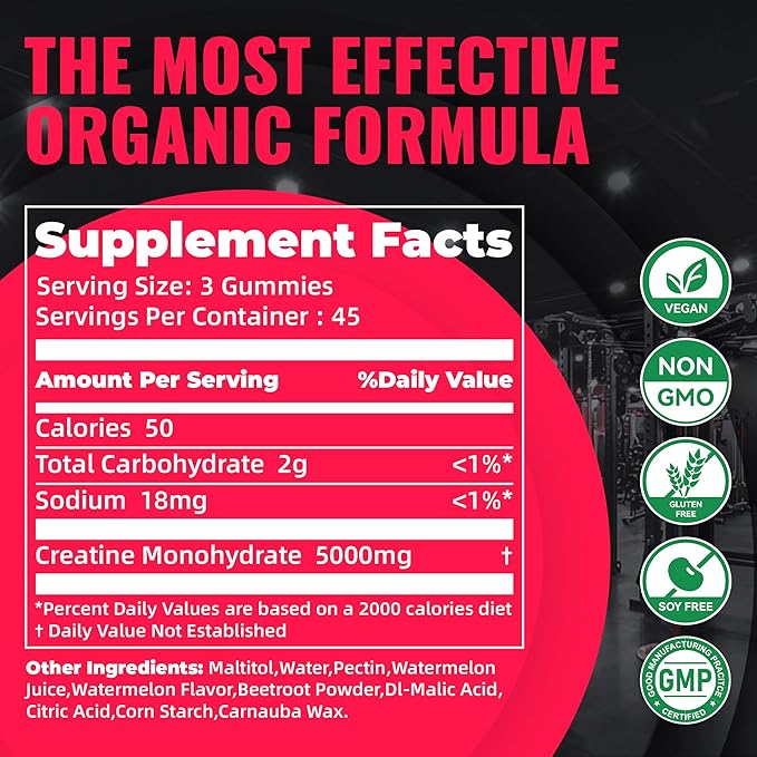 Natures Aid NSF Certified Creatine Gummy 5g - Creatine Monohydrate Gummies – Pre-Workout Energy & Muscle Growth Support for Men & Women | Watermelon Electrolyte Gummies (135 Count)