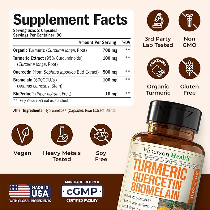 Quercetin with Bromelain Turmeric Curcumin Supplement – Allergy Relief, Immune & Joint Support – Organic Turmeric Supplement w/Bioperine for Enhanced Absorption, 180 Quercetin 500mg Capsules