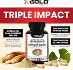 X Gold Health Korean Red Panax Ginseng + Ginkgo Biloba – 7% Ginsenosides Extra Strength – Energy, Memory, Focus & Brain Support – Premium Supplement for Men & Women – Non-GMO, 60 Vegan Capsules
