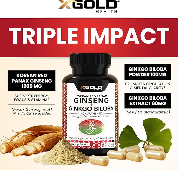 X Gold Health Korean Red Panax Ginseng + Ginkgo Biloba – 7% Ginsenosides Extra Strength – Energy, Memory, Focus & Brain Support – Premium Supplement for Men & Women – Non-GMO, 60 Vegan Capsules