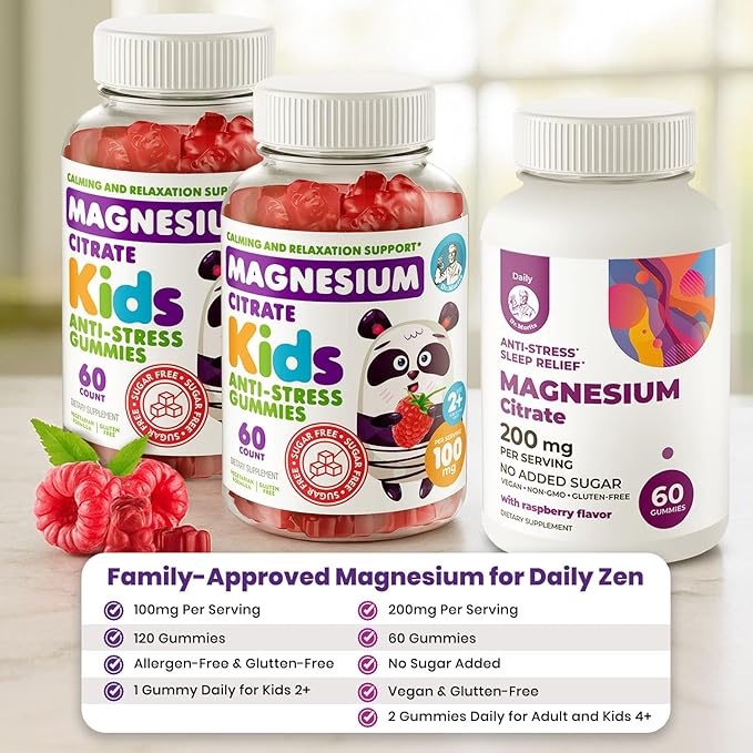 DR. MORITZ Sugar-Free Calm Magnesium Gummies for Kids and Adults - Non-GMO Magnesium Citrate Gummies - Raspberry Flavor - 3-Pack (180 Count)