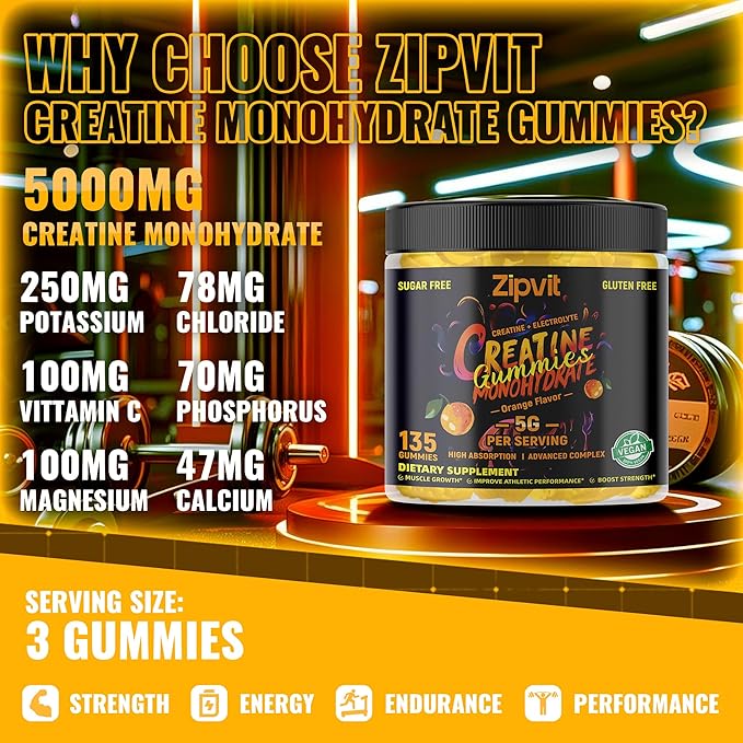 zipvit Creatine Monohydrate Gummies (5g) – Pre-Workout Energy & Muscle Growth Support for Men & Women | Orange Electrolyte Gummies (135 Count)