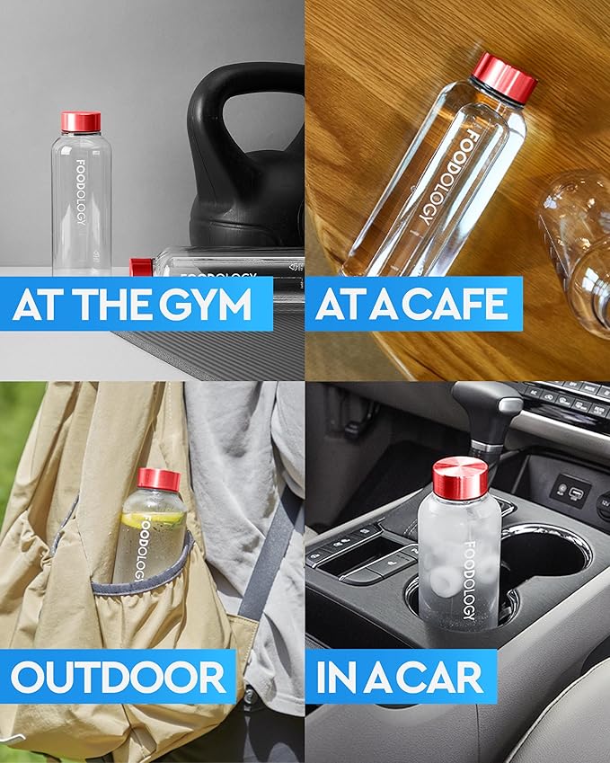 FOODOLOGY Bottle for Drink Mix (Red, 16.9fl oz) - Leak Proof, Lightweight, Durable Sports Water Bottle. Reusable for Gym, Outdoor, Travel. BPA Free, Clear Beverage Container with Marker