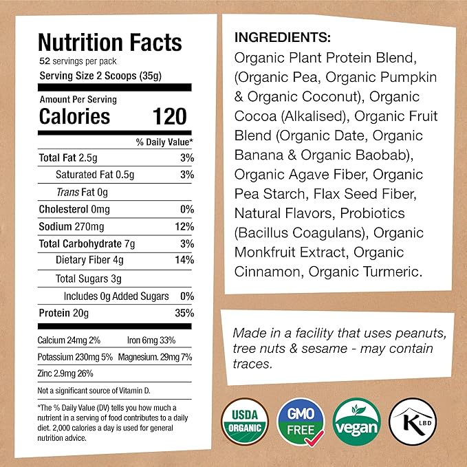 EarthChimp Organic Vegan Protein Powder - with Probiotics - Non GMO, Dairy Free, Non Whey, Plant Based Protein Powder for Women and Men, Gluten Free - 52 Servings 64 Oz (Chocolate) No Scoop