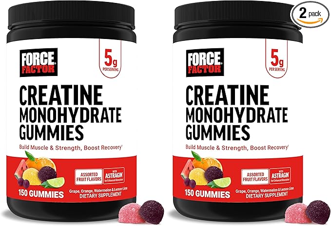 Force Factor Creatine Monohydrate Gummies, 5g Dose for Men & Women to Support Muscle, Strength, Recovery, Cognitive Health & Memory, Assorted Fruit Flavors, 150 Gummies, (Pack of 2)