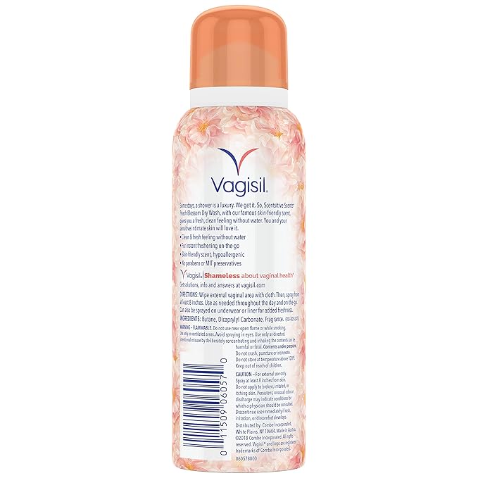 Vagisil Scentsitive Scents Feminine Dry Wash Deodorant Spray for Women, Gynecologist Tested, Paraben Free, Peach Blossom, 2.6 Ounce (Pack of 4)