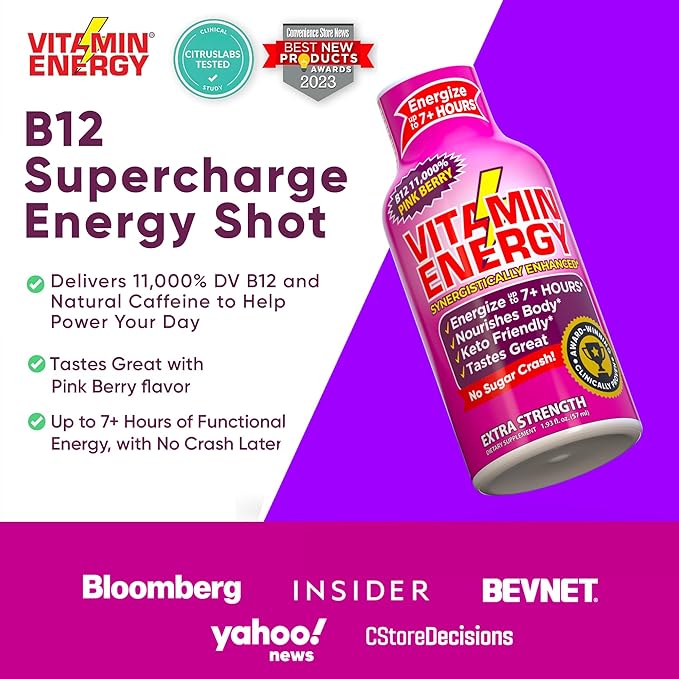 Vitamin Energy B12 11,000% Extra Strength Energy Shot Pink Berry 10 Pack, 260mg Natural Caffeine, B12 & B6, Nootropic Focus, Vitality, Zero Sugar, Gluten-Free, Vegan, Kosher, 1.93 fl oz