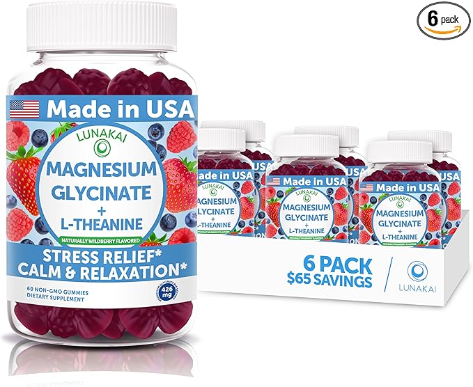 Lunakai USA Made Magnesium Glycinate Gummies 426mg with L-Theanine – Calm, Sleep, Stress Relief for Adults & Kids, Non-GMO, Vegan - 6 Pack