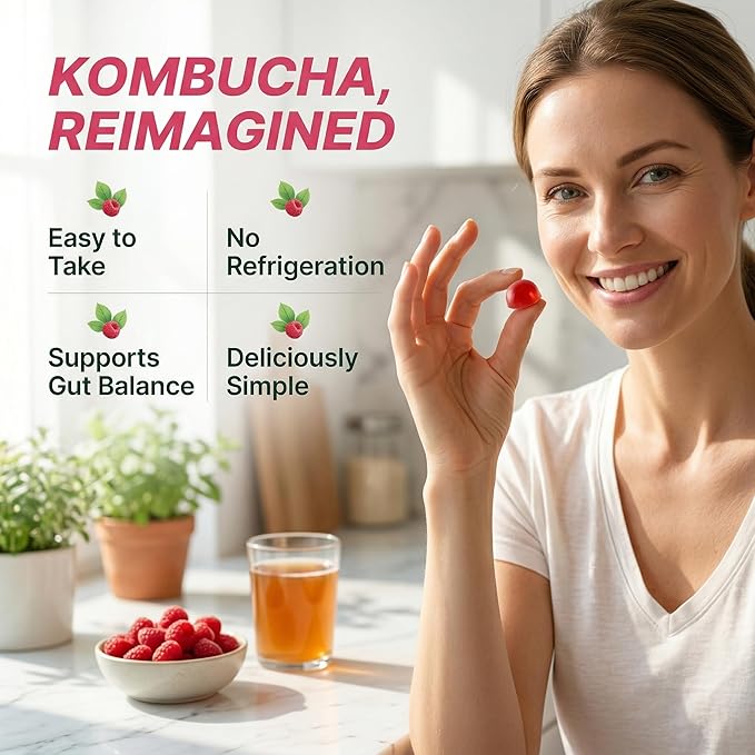 Probiotic Kombucha Gummies with Prebiotics, Probiotics & Postbiotics – Digestive & Gut Health Support – Daily Balance, Bloating Comfort & Microbiome Support – Vegan, Non-GMO, 60 Gummies