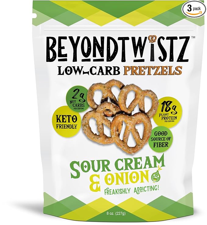 BeyondTwistz Low Carb Pretzels, Sour Cream and Onion, Keto Friendly, 2g Net Carbs, 18g Protein, Powered By HealthSense® High Fiber Wheat Flour, Family Size 8oz Bag, Pack of 3