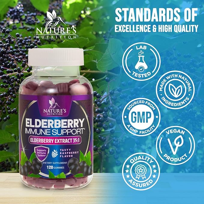 Elderberry Immune Support Gummies - Elderberry Extract Sambucus Nigra - Black Elder Berry Vitamin Supplement - Natural, Daily Immune Support Kids & Adults Love - Delicious Berry Flavor - 120 Gummies