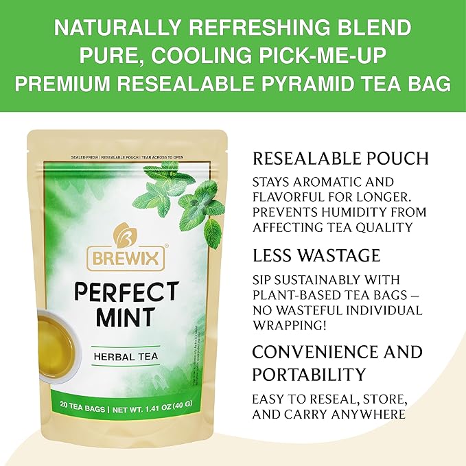 BREWIX, Perfect Mint Tea (20 Pyramid Tea Bags) | Soothing Mint Blend for Digestion Support & Daily Calm | Calming, Fresh and Cool | Caffeine Free Herbal Tea | No Sugar & No Caffeine | Spearmint and Peppermint