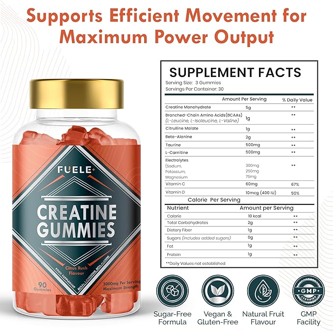 Creatine Monohydrate with L-Carnitine, Beta-Alanine, BCAAs - Enhance Performance and Recovery with Creatine Gummies and Pre Workout for Fitness and Atheletes - 5000mg Per Serving