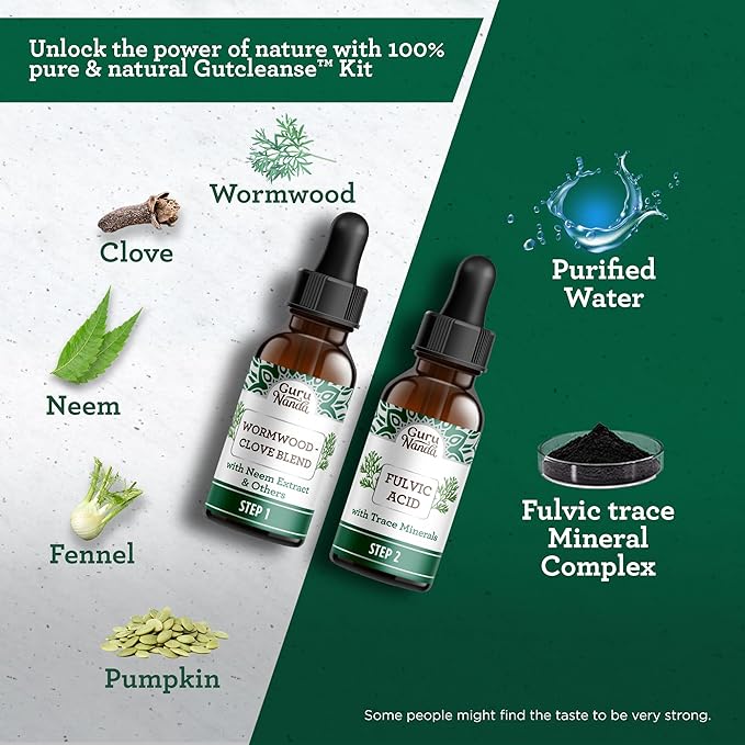 GuruNanda Gutcleanse 2-Step Kit - Dietary Supplement to Help with Digestion - Blend of Fulvic Acid, Wormwood, Clove & Neem Extract, 2x1 FlOz