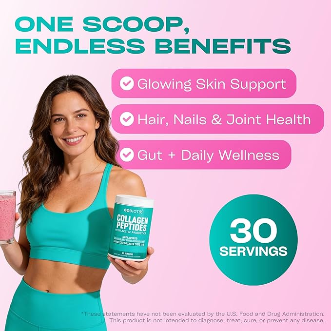 GOBIOTIX Collagen Powder Supplement with Probiotics - Hydrolyzed Protein Collagen Powder for Women - Hair Skin and Nails, Joint and Digestive Health - Collagen Peptides Type I and III - 30 Servings