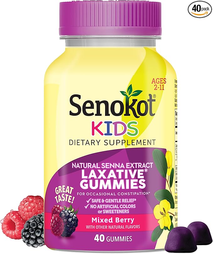 Senokot Kids Mixed Berry Laxative Gummies for Age 2+, Senna Extract for Gentle, Overnight Relief from Occasional Constipation, 40 ct