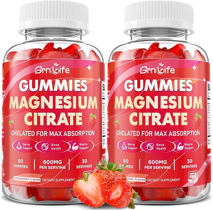 2 Pack Magnesium Citrate Gummies 600mg for Women Men, High Absorption Magnesium Supplement Gummies for Calm, Relaxation, Muscle Health, Vegan, Strawberry Flavor, 120 Count