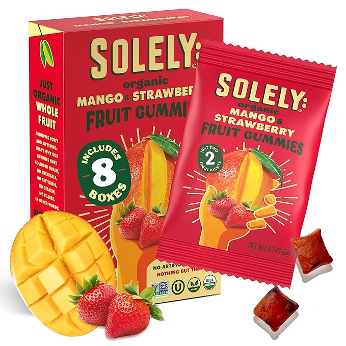 SOLELY - Organic Mango & Strawberry Whole Fruit Gummies (Pack of 8 Boxes, 5 Bags per Box) - Real Fresh Fruit - Healthy Snacks for Adults & Kids - Non GMO, Vegan Snacks, Shelf Stable - 40 Bags (3.5 oz)