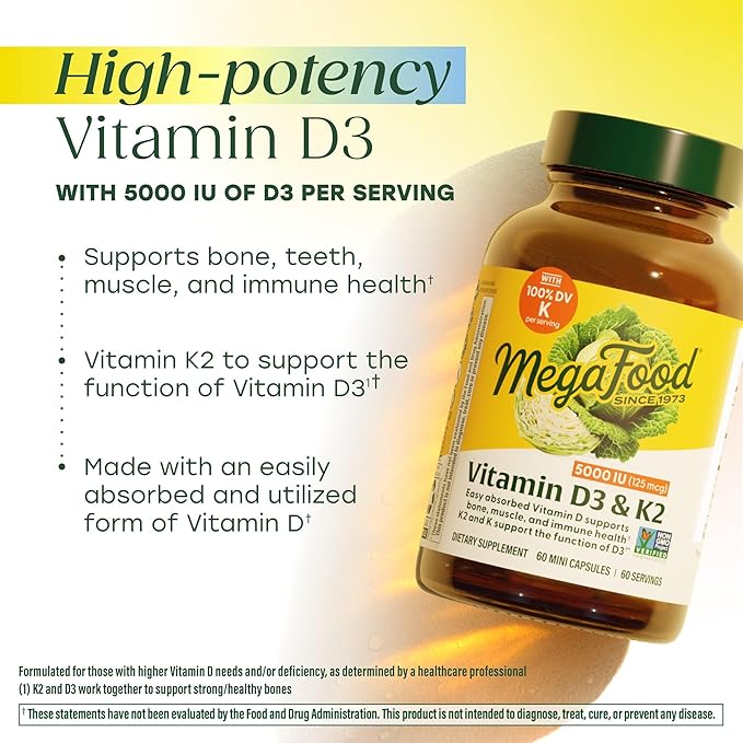 MegaFood Vitamin D3 5000 IU (125 mcg) - Vegetarian Supplements with Vitamin D3 K2 - Supports Bones, Teeth, Muscles & Immune Health - Certified Non-GMO - 60 Mini Capsules, 60 Servings
