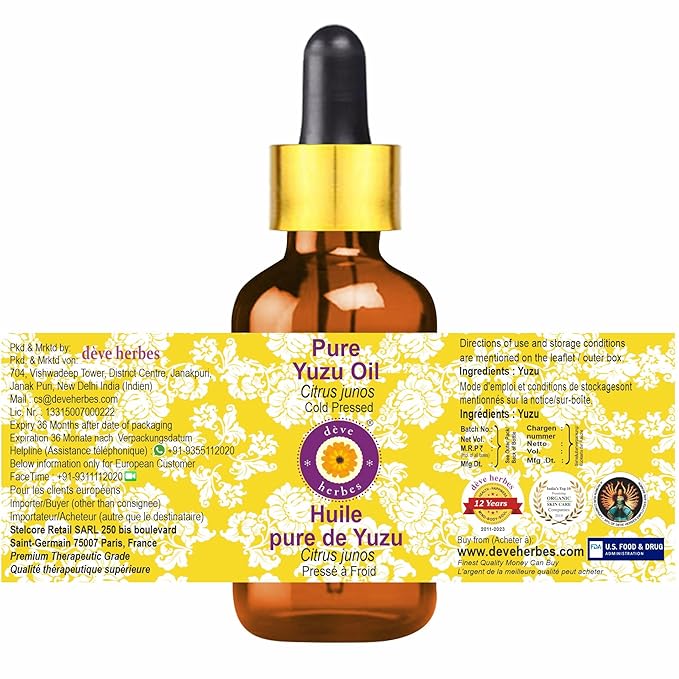 Deve Herbes Pure Yuzu Oil (Citrus Junos) with Glass Dropper Cold Pressed 100ml (3.38 oz)