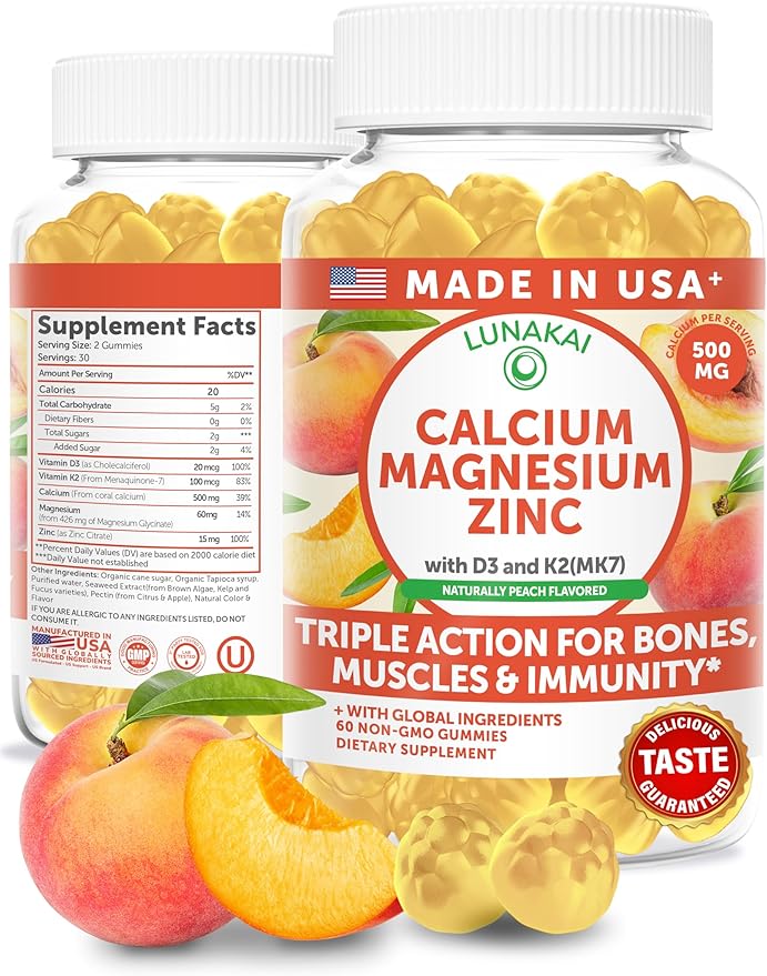 Lunakai USA Made Calcium Magnesium Zinc Gummies with Vitamin D3 & K2 – Delicious 5-in-1 Supplement for Daily Bone, Muscle & Immune Support for Women, Men & Kids, 60ct