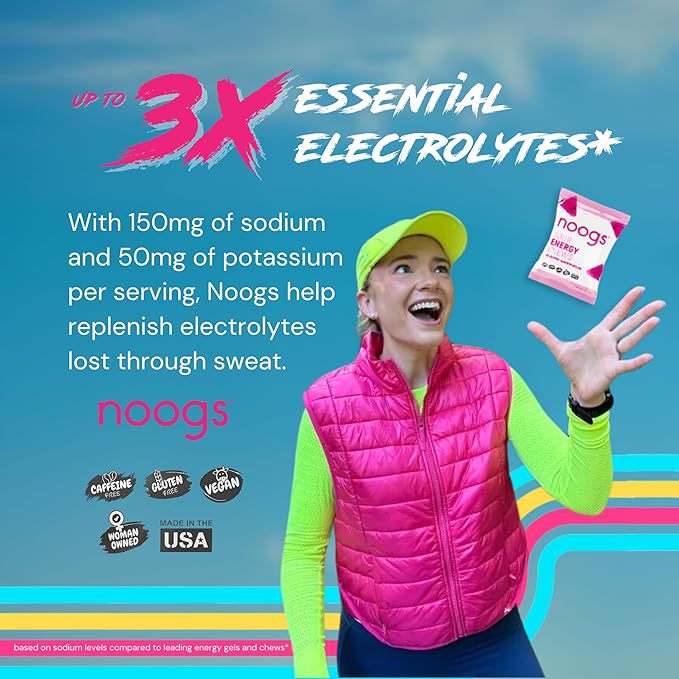 Noogs Sour Energy Chews, Electric Watermelon Electrolyte Energy Gummies, Sour Candy Flavored Alternative to Running Gels, Vegan, Gluten Free & Caffeine Free, 12 Pack