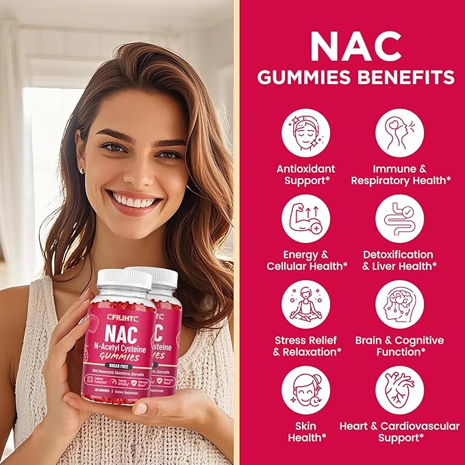CFILIHTC NAC Gummies 600mg, N Acetyl Cysteine Supplement with Glutathione, Resveratrol, Magnesium, CoQ10, NAC Chewable for Antioxidants & Immune Support, Strawberry Flavor 60 Gummies