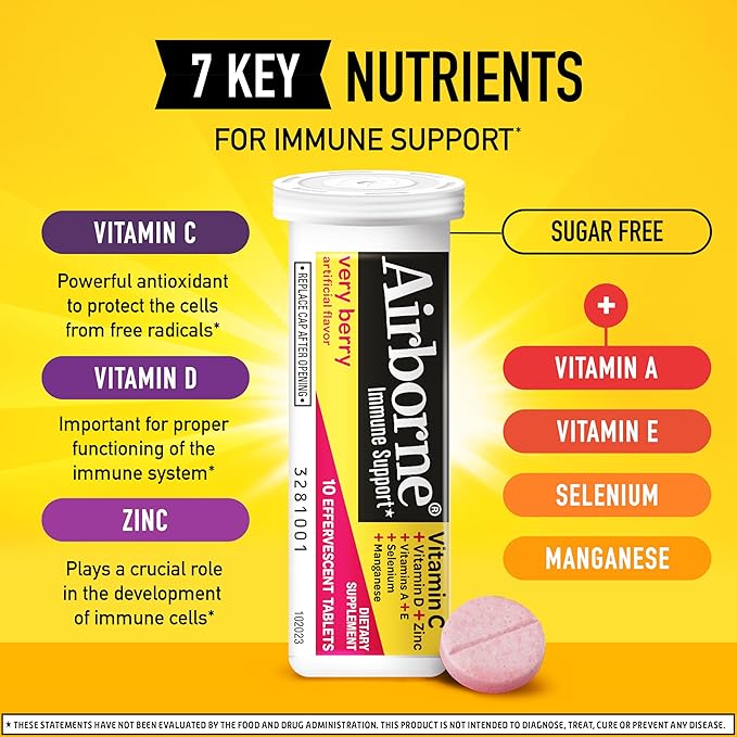 Airborne 1000mg Vitamin C with Vitamin D & Zinc, Sugar Free Multivitamin Immune Support Supplement, Antioxidants Vitamins A C & E, Very Berry Flavor, 30 Tablets (Pack of 2)