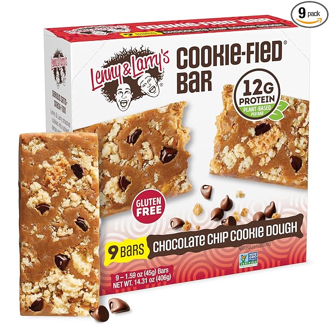 Lenny & Larry's Cookie-fied Bar – Chocolate Chip Cookie Dough Vegan Protein Bars 9x45g – Healthy Snacks with 12g Plant Protein & 5g Fiber – Gluten-Free Power Bar, Non-GMO & Vegan