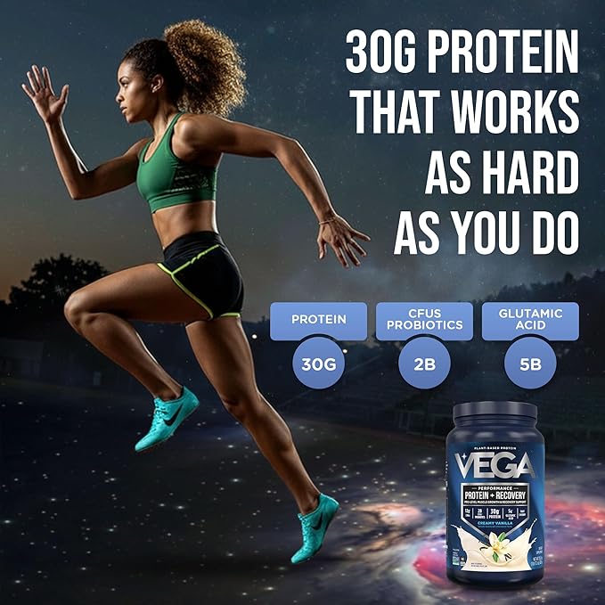 Vega Sport Vegan Protein Powder + Recovery - 30g Plant Based Protein per Serving, Vanilla, 20 Servings, 5g BCAAs, Probiotics, NSF Certified, for Shakes & Smoothies, 1.8lbs (Packaging May Vary)