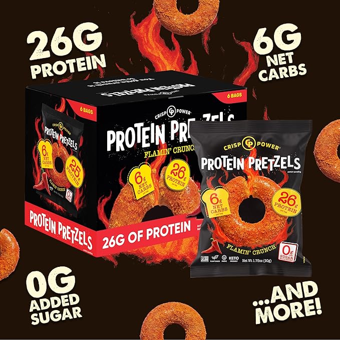 CRISP POWER Protein Pretzels, NEW Flamin' Crunch, 26G Protein, High Protein Snack, High Fiber, Low Carb Crunchy Pretzel Snacks, No Added Sugar, 1.75 oz Bags, 24 Pack, Vegan, Keto