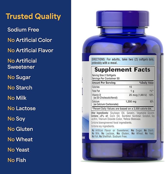 Puritan's Pride Absorbable Calcium 1200 mg Plus Vitamin D3 25mcg 1000 IU With Bone-Active™, Dietary Supplement For Bone Strength, Heart, Nerve, Muscle, And Immune Support, 100 Rapid Release Softgels