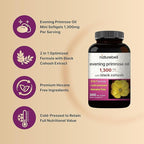 NatureBell Evening Primrose Oil with Black Cohosh, 1,300mg Per Serving, 300 Mini-Softgels | Cold Pressed Seeds, Retains 130mg GLA for Womens Health & Skin Care Support – Hexane Free, Non-GMO