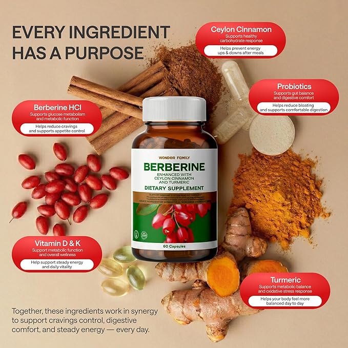 WONDER FAMILY Berberine 500 mg GLP-1 Weight Loss Supplement – Berberine HCl with Ceylon Cinnamon, Probiotics, Vitamin D3 & K2 – Glucose Metabolism & Appetite Support – 3 Pack - 180 Capsules