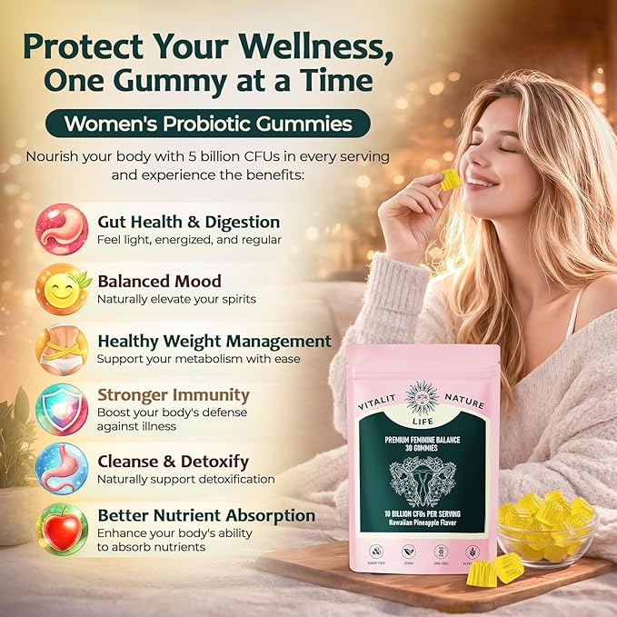 Premium Feminine Balance Gummies for Women, Feminine Balance & Digestive Support, Immune Support, Vegan & Gluten Free, Hawaiian Pineapple Flavor, 30 Gummies