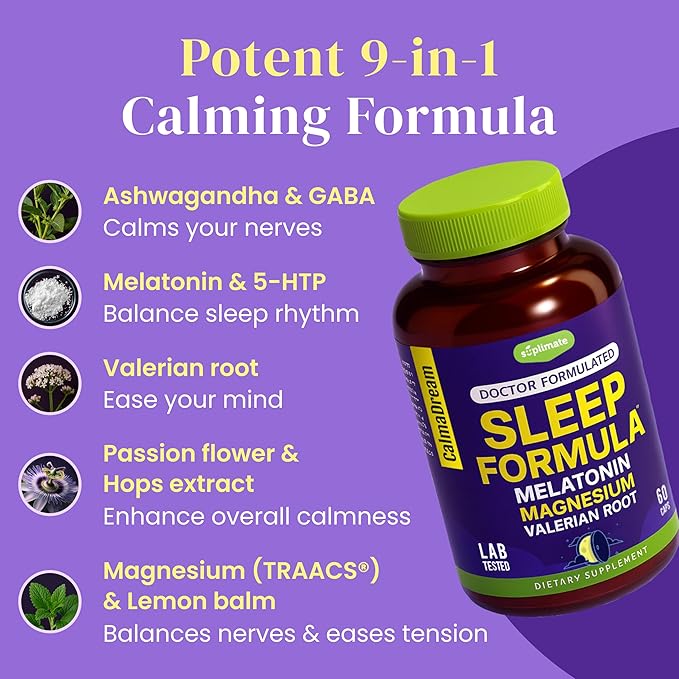 9-in-1 Melatonin Sleep Aid for Adults - USA Made, Lab Tested with Melatonin 5mg and 108mg Magnesium for Sleep - TRAACS, Ashwagandha, Valerian Root, GABA, 5HTP, Herbal Sleep Supplement, Vegan, 60 Caps