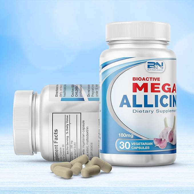 Allicin Supplement 100% Stabilized from Garlic, Odor-Controlled Extract, 180,000mcg (180mg) Non-GMO, Gluten-Free, Vegan, Supplement for Heart Health and Immune Support (30 Count)