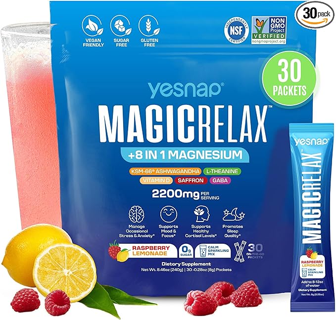 MAGICRELAX Supercalm 8-in-1 Chelated Magnesium Powder Drink Mix,KSM-66 Ashwagandha, Saffron, GABA, L-Theanine, Vitamin D3,Supports Stress Healthy Cortisol, Mood & Sleep, Zero Sugar Raspberry Lemonade