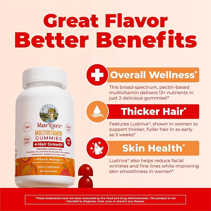 MaryRuth's Multivitamin + Hair Growth Gummies | with Lustriva® | Biotin 10000mcg | B Vitamins | Formulated for Thicker Hair, Wrinkles, Fine Lines, Skin Care | Ages 18+ | 30 Servings