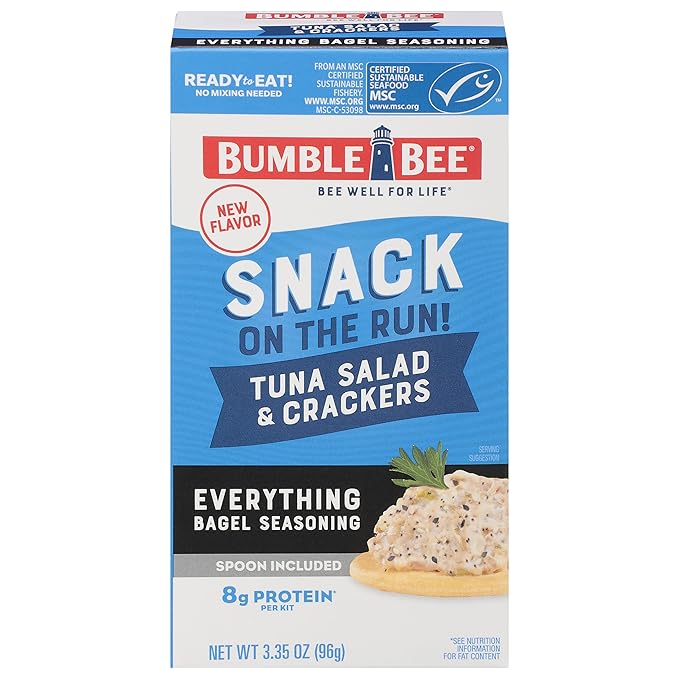 Bumble Bee Snack On The Run! Protein Snack Pack - 8g Protein per Box - Everything Bagel Seasoned Tuna Salad with Crackers Kit - Ready to Eat Easy-Open Can - Wild Caught MSC-Certified Tuna (Pack of 1)